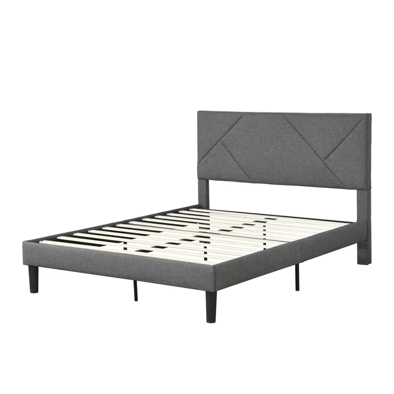 Queen Size Upholstered Platform Bed Frame With Headboard, Strong Wood Slat Support, Mattress Foundat