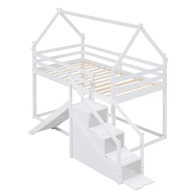 Twin Over Twin House Loft Or Bunk Bed With Slide And Staircase - White
