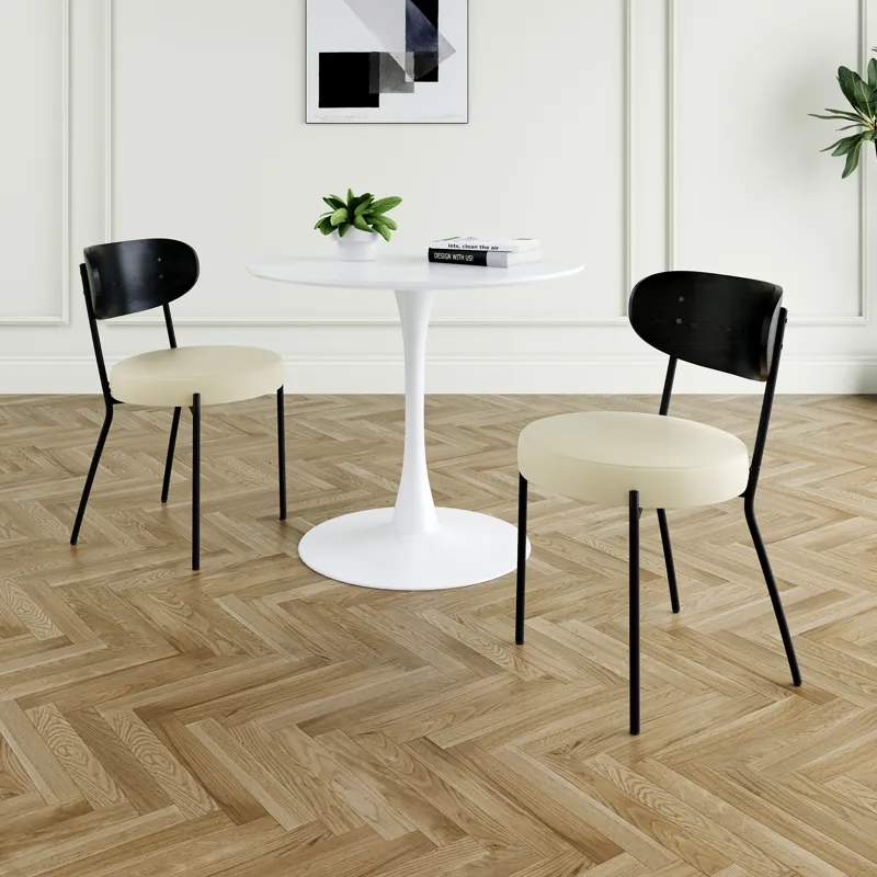 Modern Gray Simple PU Dining Chair Upholstered Chair Family Bedroom Stool Back Dressing, White Round