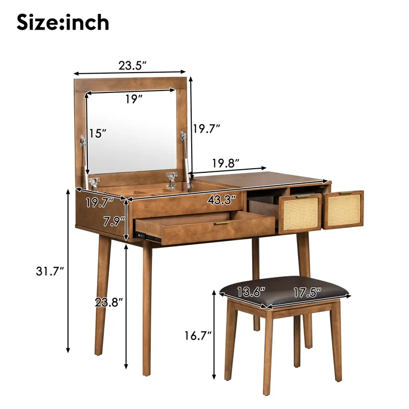 Classic Wood Makeup Vanity Set With Flip-Top Mirror And Stool, Dressing Table With Three Drawers And