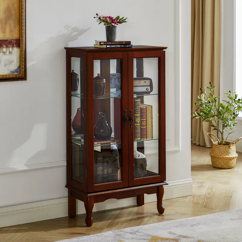 Curio Cabinet Lighted Curio Diapaly Cabinet With Adjustable Shelves And Mirrored Back Panel, Tempere