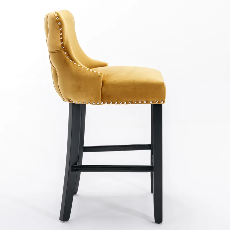 Contemporary Velvet Upholstered Wing-Back Barstools With Button Tufted Decoration And Wooden Legs, A