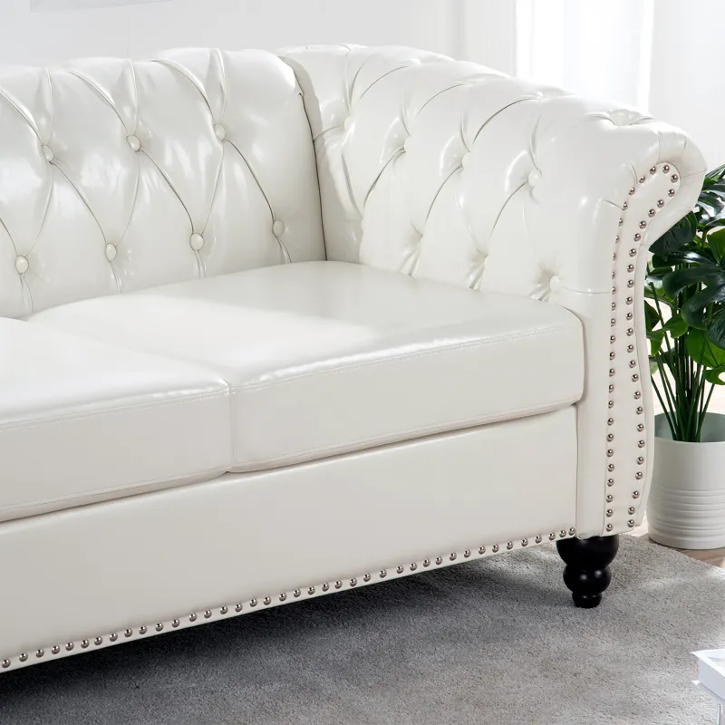 84.65\" Rolled Arm Chesterfield 3 Seater Sofa - White