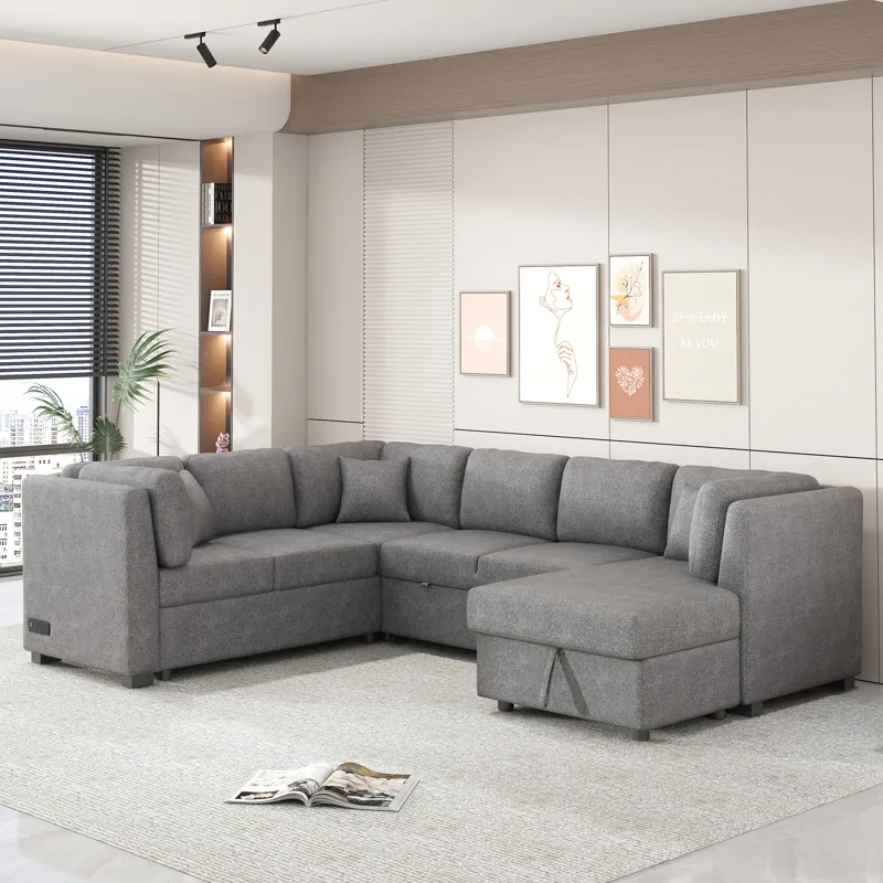 U-Shaped Sectional Sofa Pull Out Sofa Bed With Two USB Ports, Two Power Sockets, Three Back Pillows 