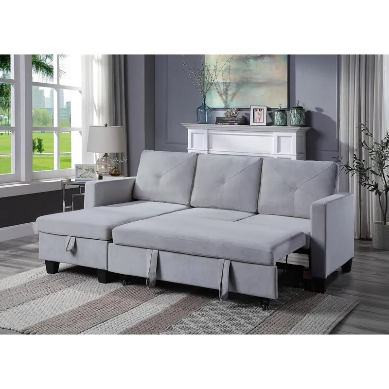 Nova - Velvet Reversible Sleeper Sectional Sofa With Storage Chaise - Light Gray