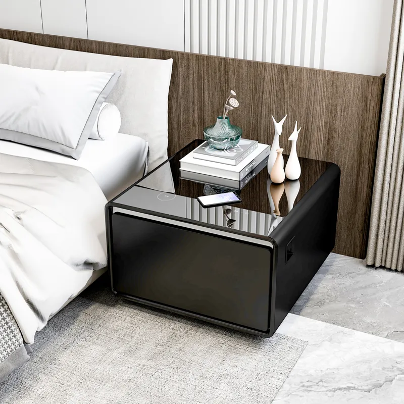 Modern Smart Side Table With Built-In Fridge, Wireless Charging, Temperature Control, Power Socket, 
