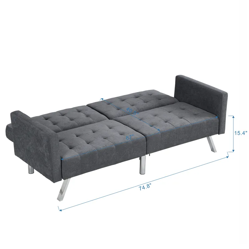 Futon Sofa Bed Convertible Folding Lounge Couch, Armrests - Dark Gray