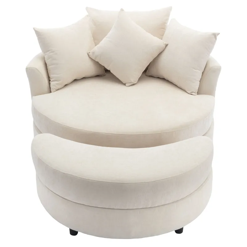360° Swivel Accent Barrel Chair With Storage Ottoman & 4 Pillows, Modern Chenille Leisure Chair Round Accent For Living Room - Cream