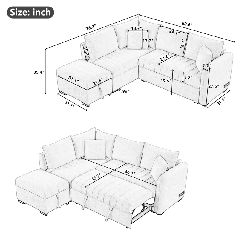 L-Shaped Sectional Pull Out Sofa Bed Sleeper Sofa With Two USB Ports, Two Power Sockets And A Movabl