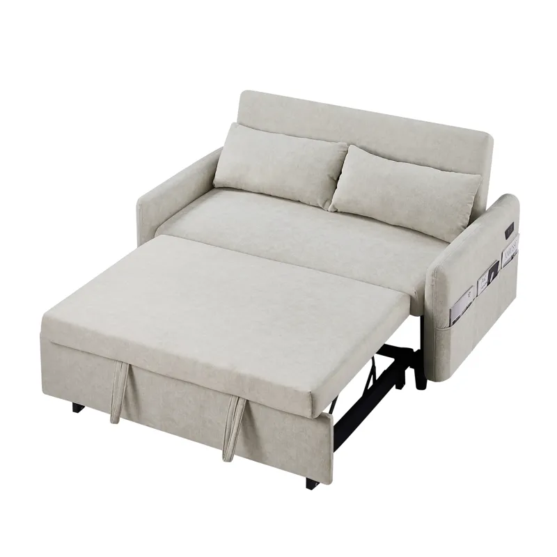 Pull Out Sleep Sofa Bed Loveseats Sofa Couch With Adjsutable Backrest, Storage Pockets, 2 Soft Pillo