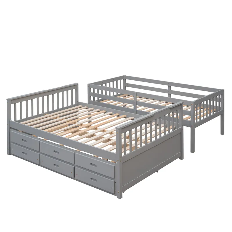 Twin Over Full Bunk Bed With Twin Size Trundle, Separable Bunk Bed With Drawers For Bedroom - Gray