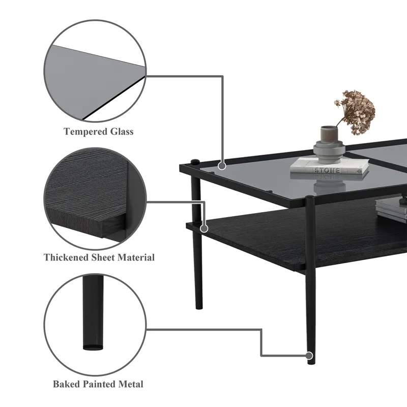 Rectangle Coffee Table With Tempered Glass Top, Modern Table For Living Room - Gray / Black