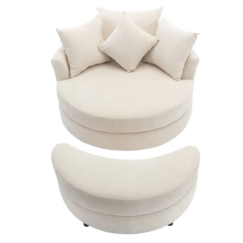 360° Swivel Accent Barrel Chair With Storage Ottoman & 4 Pillows, Modern Chenille Leisure Chair Round Accent For Living Room - Cream