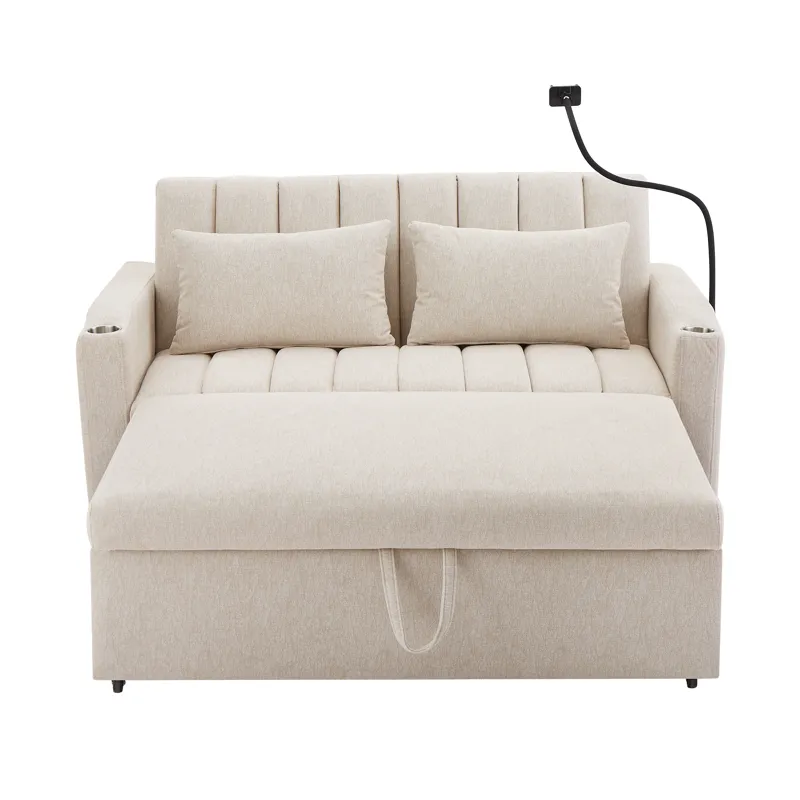 Convertible Sofa Bed Loveseat Sofa With Three USB Ports, Two Side Pockets, Two Cup Holders And 360° 
