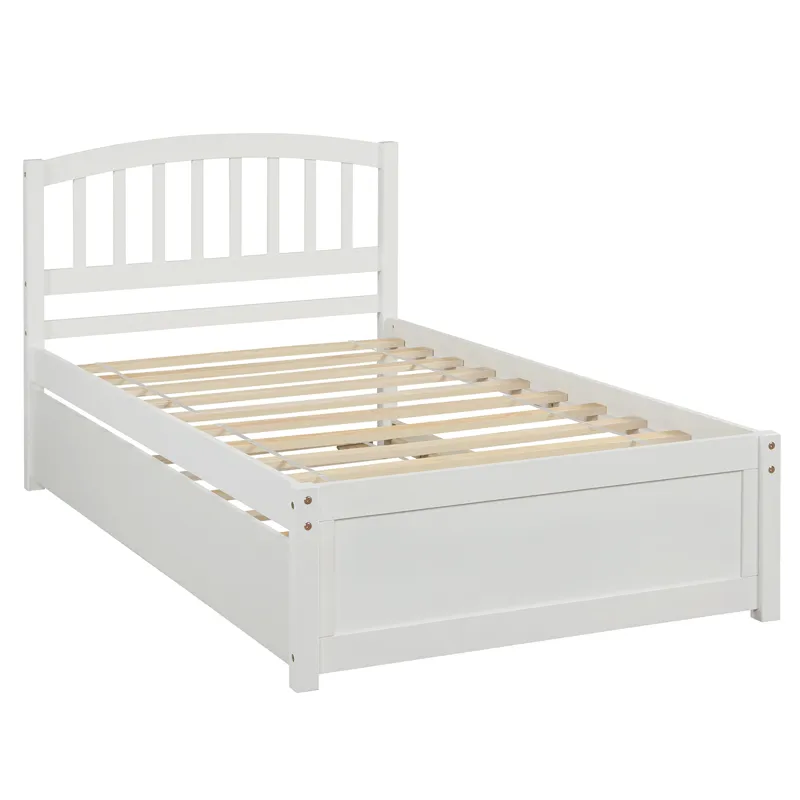 Twin Size Platform Bed Wood Bed Frame With Trundle - White