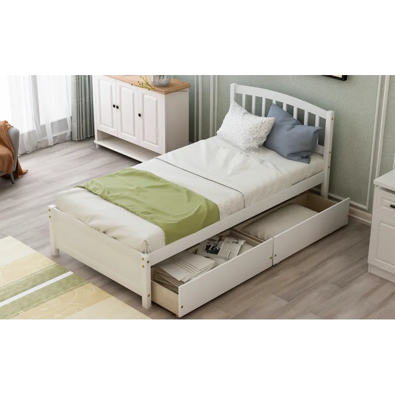 Twin Platform Storage Bed Wood Bed Frame With Two Drawers And Headboard - White
