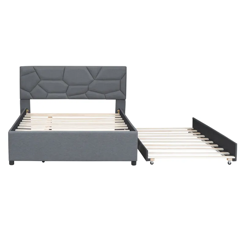 Full Size Upholstered Platform Bed With Brick Pattern Headboard And Twin Size Trundle, Linen - Gray