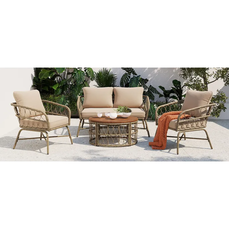 Bohemia-Inspired 4 Person Outdoor Seating Group With Removable Cushions, Conversation Patio Set With