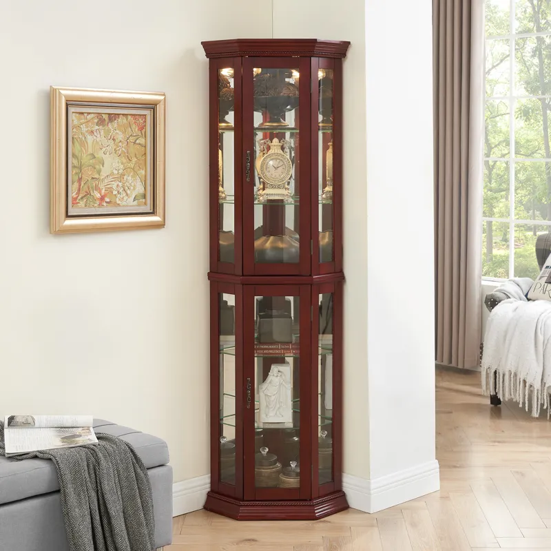 Corner Curio Cabinet With Lights, Adjustable Tempered Glass Shelves, Mirrored Back, Display Cabinet 