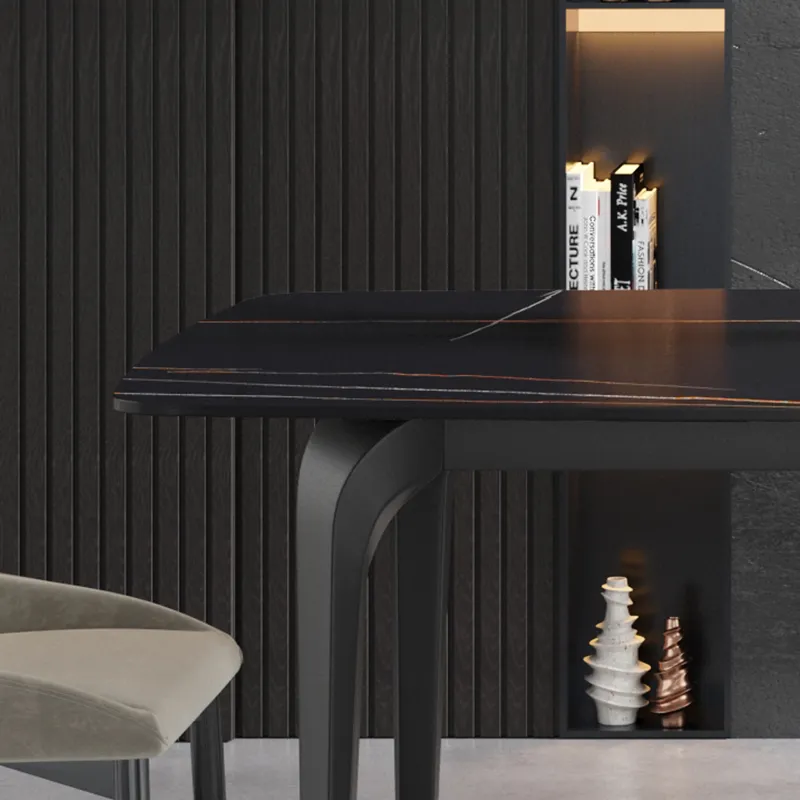 63\" Artificial Stone Black Curved Black Metal Leg Dining Table, 6 People - Black