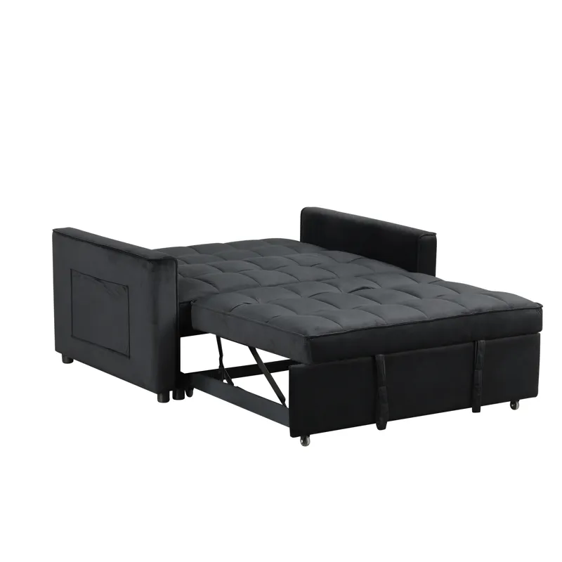 Maeve - 53.5\"W Black Velvet Convertible Sleeper Loveseat With Tufting and Side Pocket
