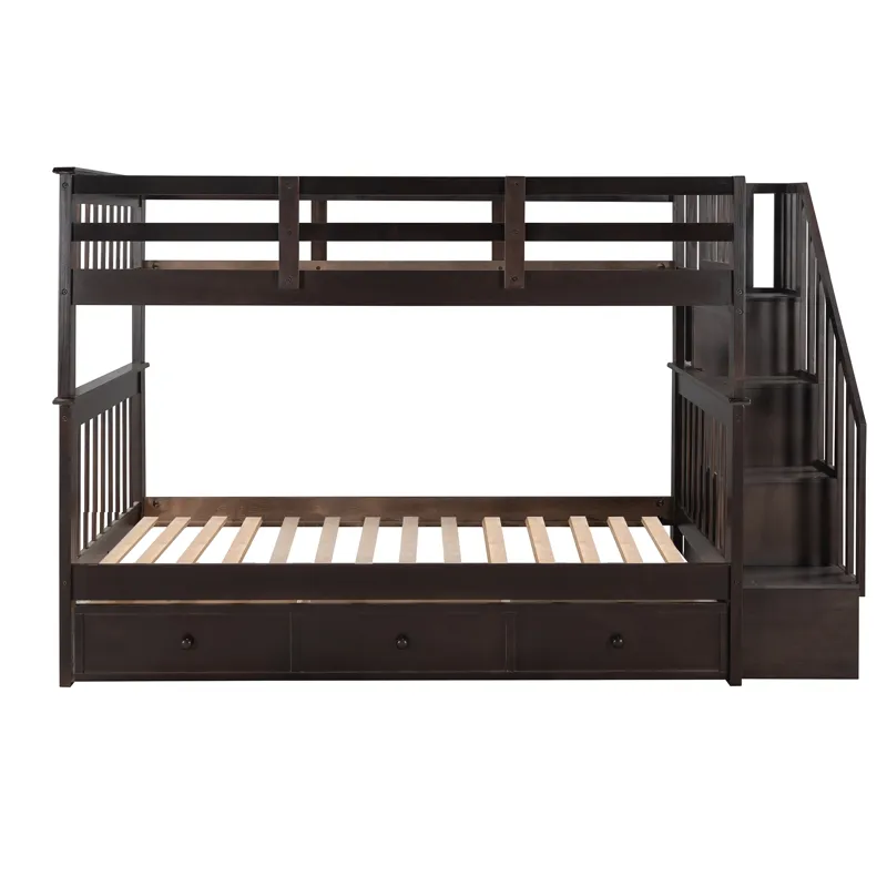Stairway Twin Over Twin Bunk Bed With Three Drawers For Bedroom, Dorm - Espresso