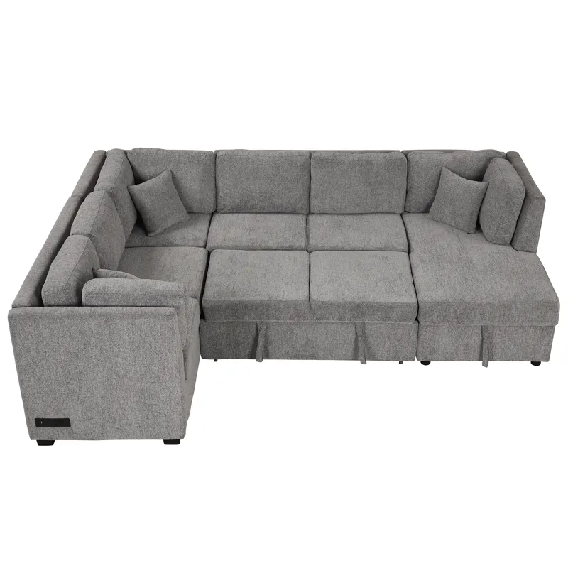 U-Shaped Sectional Sofa Pull Out Sofa Bed With Two USB Ports, Two Power Sockets, Three Back Pillows 