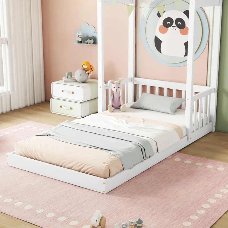 Twin House-Shaped Roof Headboard Floor Bed, (Without Slats) - White