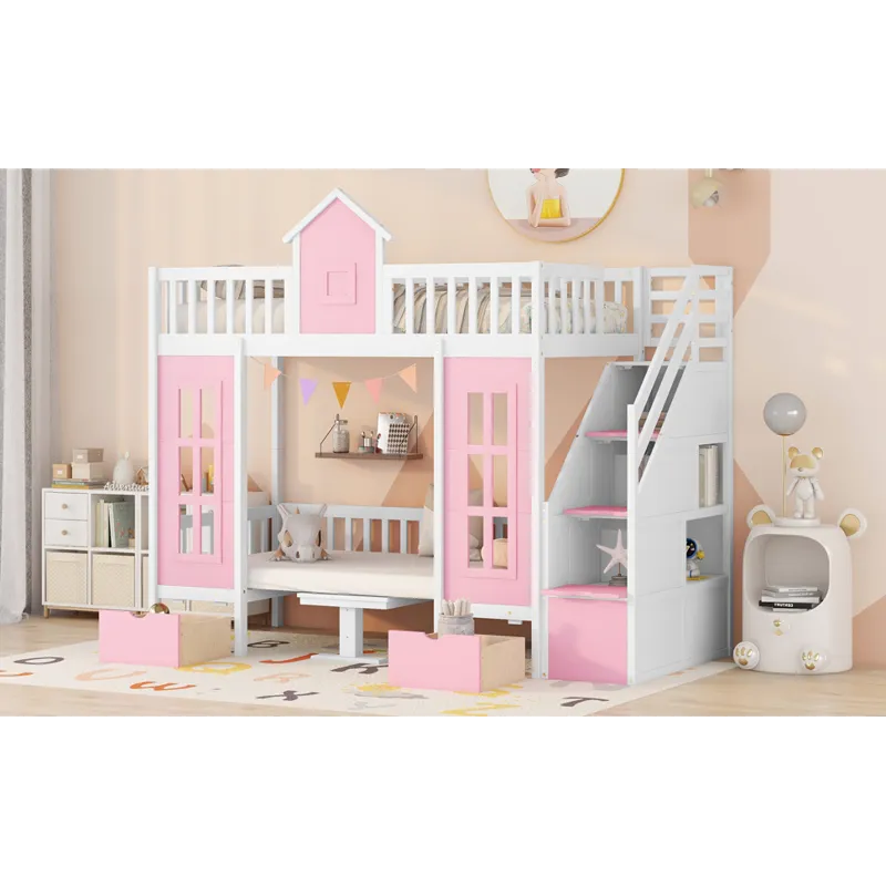 Twin Over Twin Bunk Bed With Changeable Table, Bunk Bed Turn Into Upper Bed And Down Desk - Pink