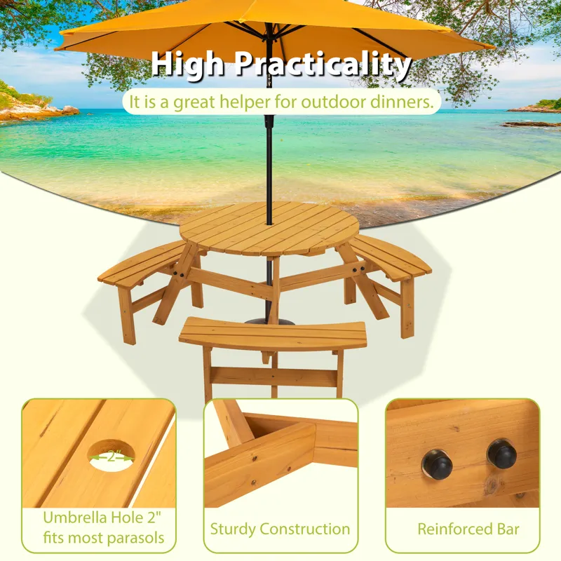 6 Person Circular Outdoor Wooden Picnic Table For Patio, Backyard, Garden, Diy With 3 Built-In Bench