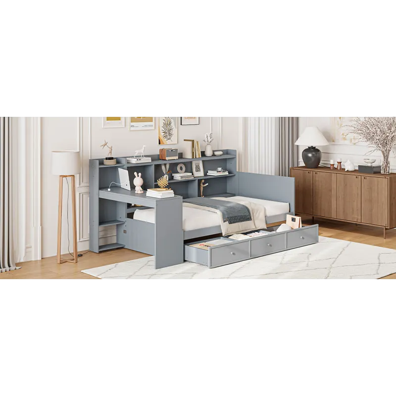 Twin Size Wooden Daybed With 3 Drawers, USB Ports And Desk - Gray