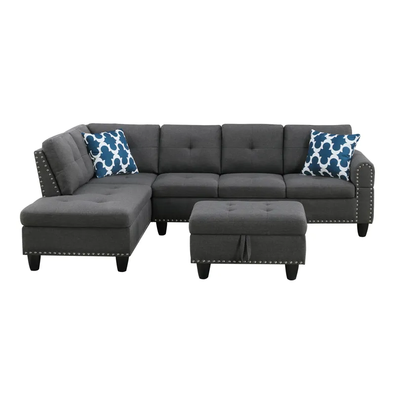 Alger - 98" Wide Left Hand Facing Sofa & Chaise With Ottoman - Dark Gray