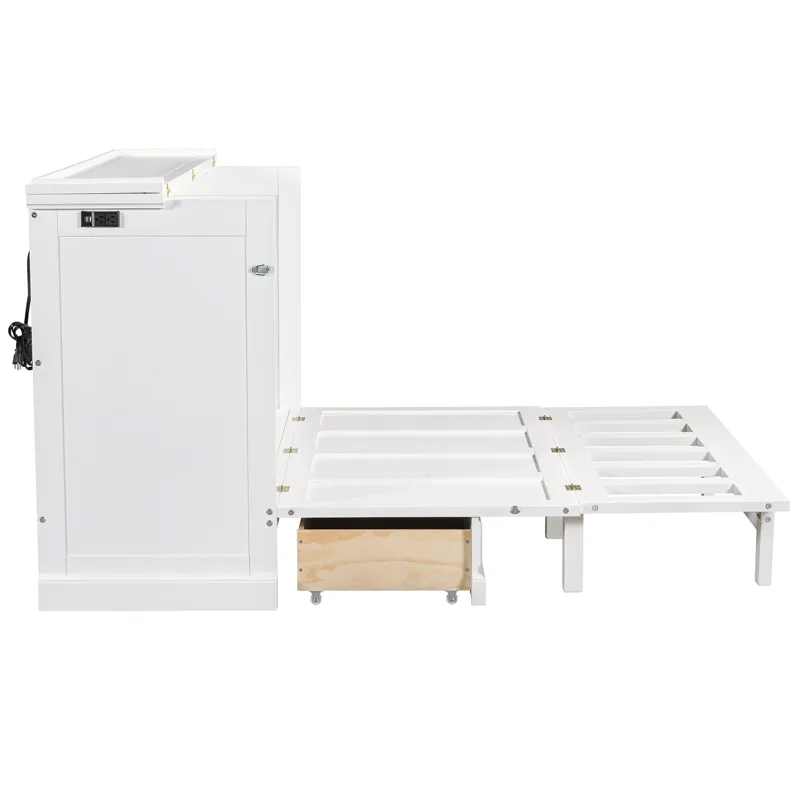 Full Solid Pine Murphy Bed Chest Cube Cabinet Bed With Charging Station And Large Storage Drawer For