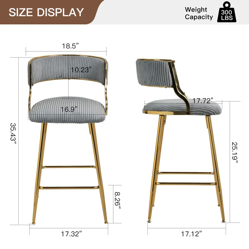 Counter Height Bar Stools, Corduroy Kitchen Island Counter Bar Stools With Back, Golden Chromed Base