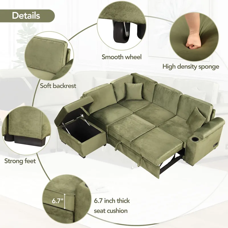 Sleeper Sofa Bed, 2 In 1 Pull Out Sofa Bed L Shape Couch With Storage Ottoman For Living Room, Bedro