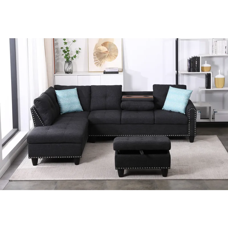 Alger - 98" Wide Left Hand Facing Sofa & Chaise With Ottoman - Charcoal Grey