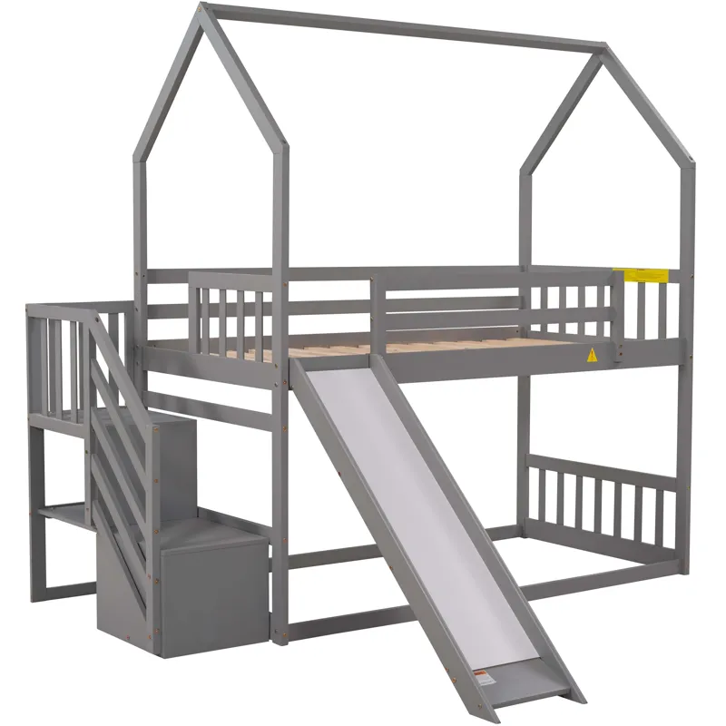 Twin Over Twin House Bunk Bed With Convertible Slide, Storage Staircase Can Be Placed Left Or Right 