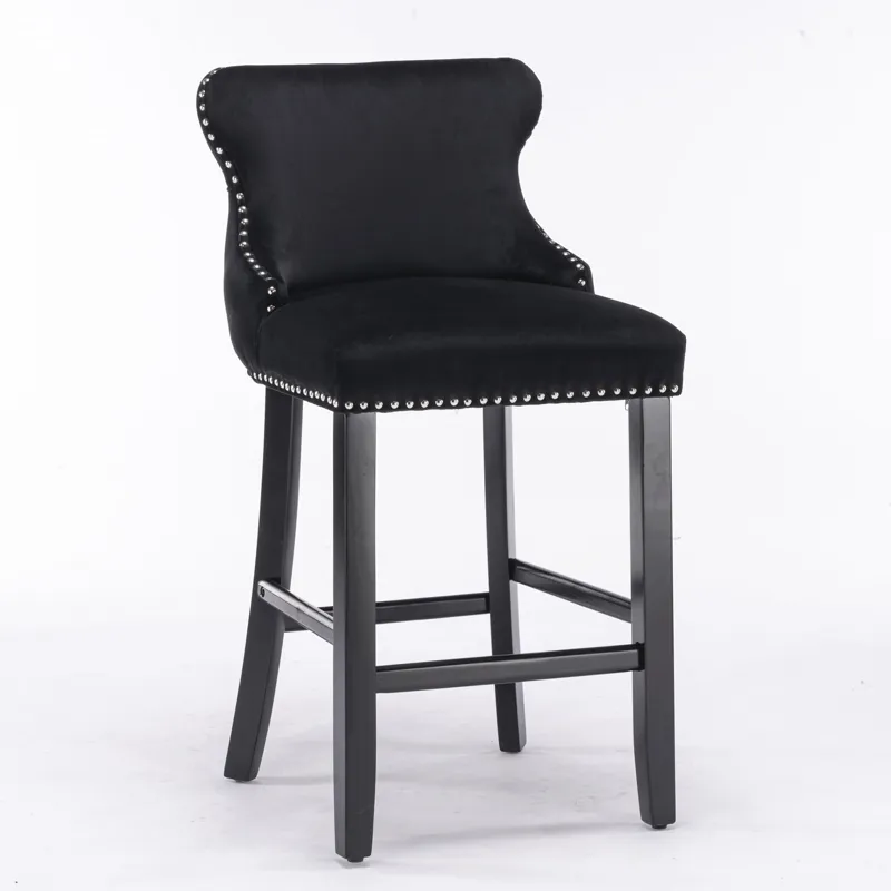 Contemporary Velvet Upholstered Wing-Back Barstools With Button Tufted Decoration And Wooden Legs, A