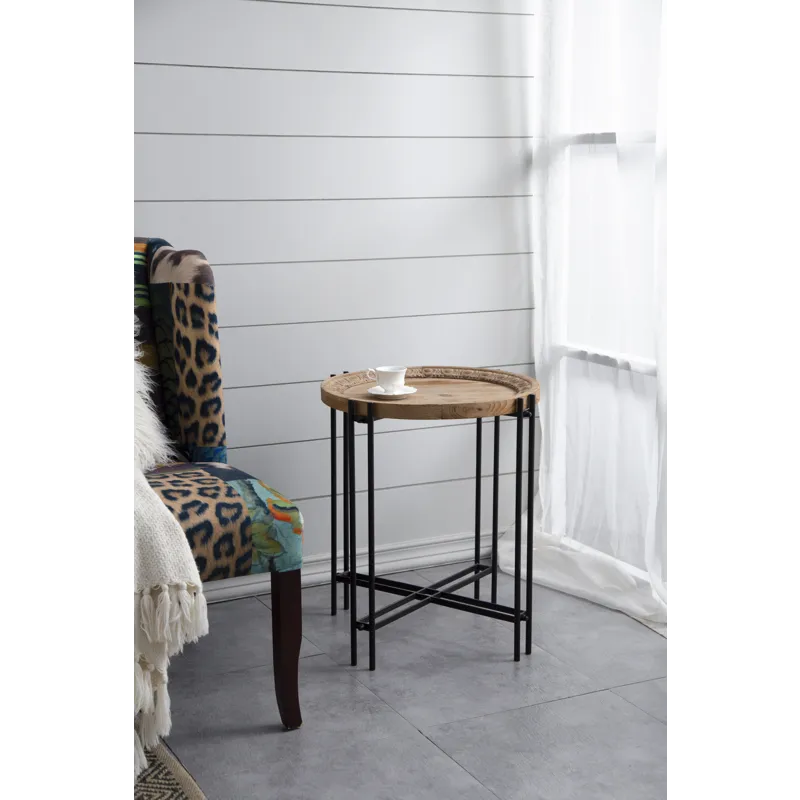 Round Side Table With Wood Top, End Table For Living Room Bedroom - Black Brown