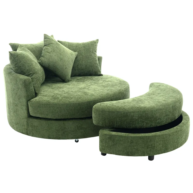 360° Swivel Accent Barrel Chair With Storage Ottoman & 4 Pillows, Modern Chenille Leisure Chair Roun