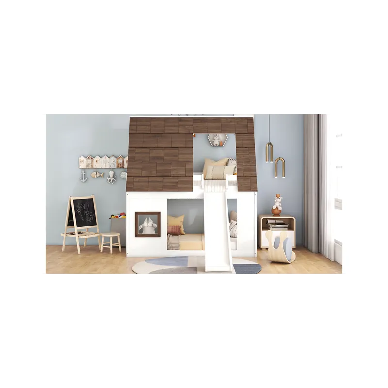 Wood Twin Size House Bunk Bed With Roof, Ladder And Slide - White / Brown