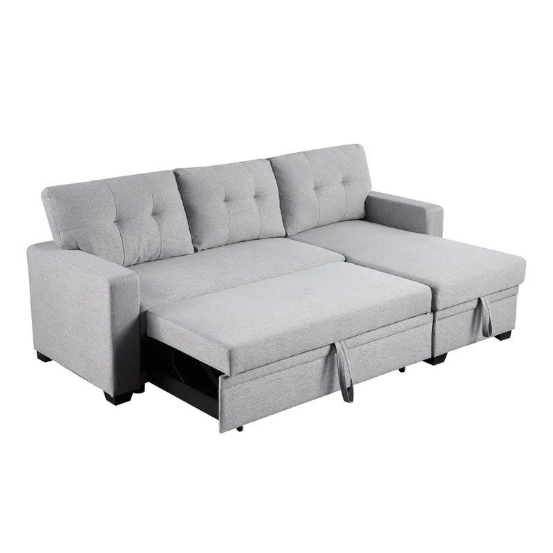 Upholstered Pull Out Sectional Sofa With Chaise - Light Gray