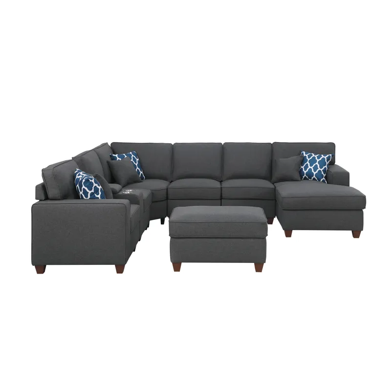 Tina - 8 Piece Upholstered Sectional With Ottoman - Dark Gray