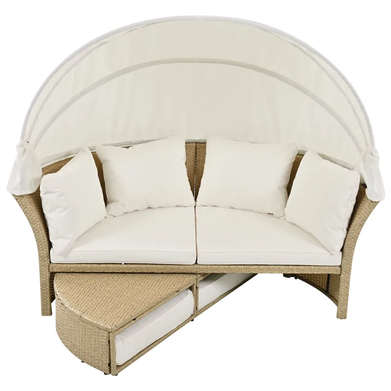 Outdoor Patio Daybed Wicker Rattan Double Daybed Round Sofa Furniture Set With Retractable Canopy, 4