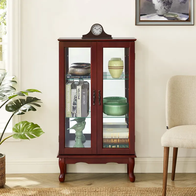 Curio Cabinet Lighted Curio Diapaly Cabinet With Adjustable Shelves And Mirrored Back Panel, Tempere