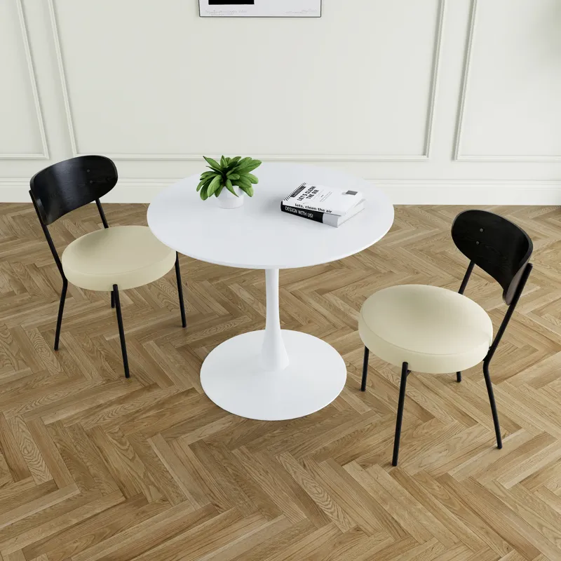 Modern Gray Simple PU Dining Chair Upholstered Chair Family Bedroom Stool Back Dressing, White Round