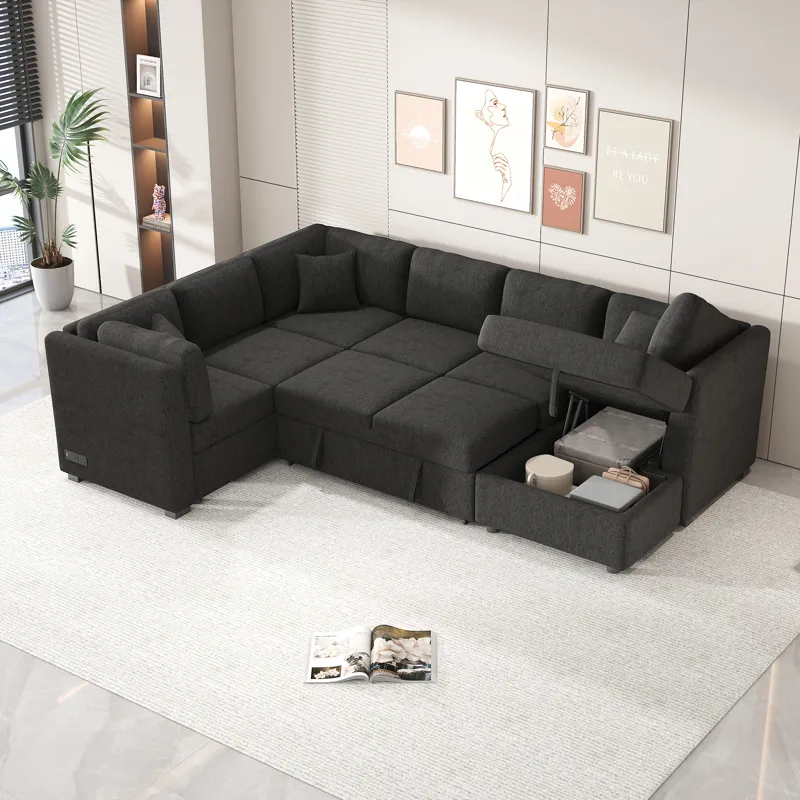 U-Shaped Sectional Sofa Pull Out Sofa Bed With Two USB Ports, Two Power Sockets, Three Back Pillows 