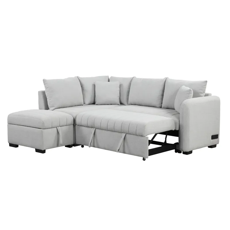 L-Shaped Sectional Pull Out Sofa Bed Sleeper Sofa With Two USB Ports, Two Power Sockets And A Movabl