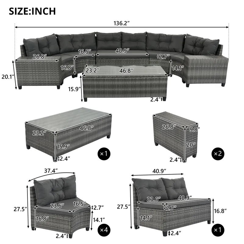 8 Pieces Outdoor Wicker Round Sofa Set, Half-Moon Sectional Sets All Weather, Curved Sofa Set With R