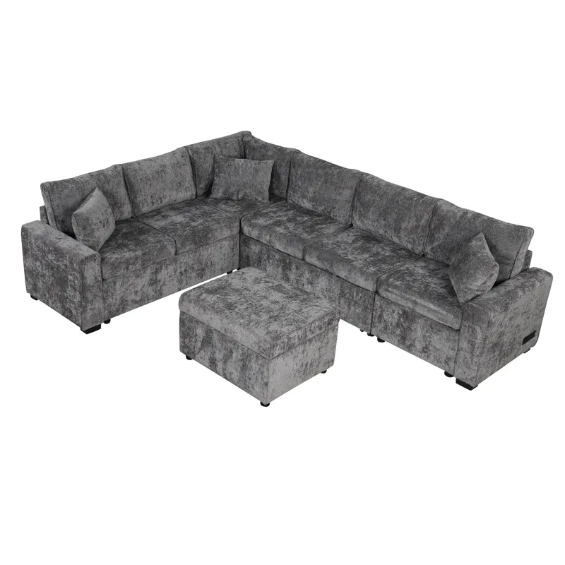 Sectional Sofa Pull-Out Sofa Bed Sleeper With A Storage Ottoman, Three Pillows And Charging Devices 